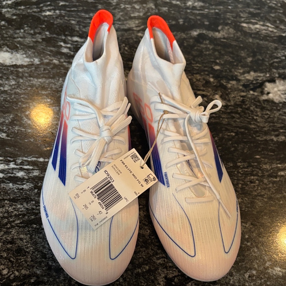 Adidas White Cleats with Blue and Red Highlights